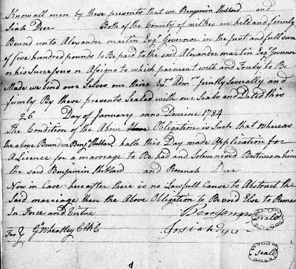 Benjamin and Rosannah Marriage 1784